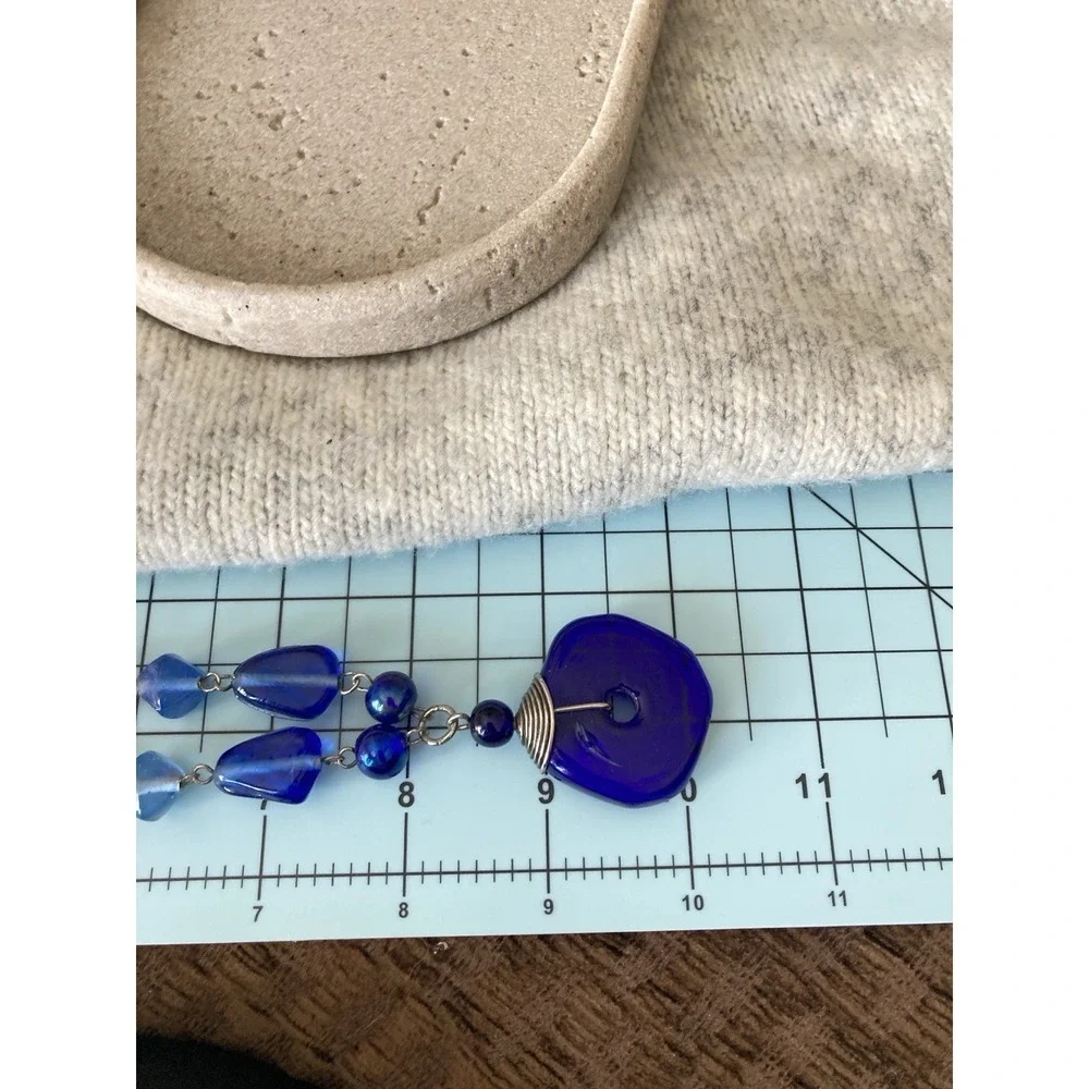 Cobalt Blue Glass Pendant Necklace Purple Beaded‎ Boho Silver Tone Artsy Artisan